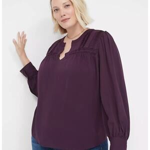 Lane Bryant Pintuck Tunic Top Purple Size 26W Long Bell Sleeves V-Neck Rayon